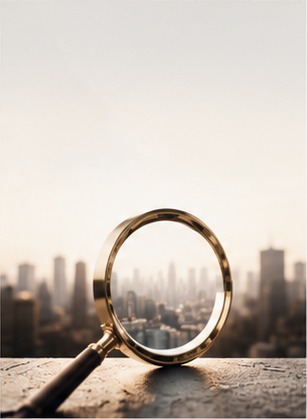 Magnifying glass over a city skyline