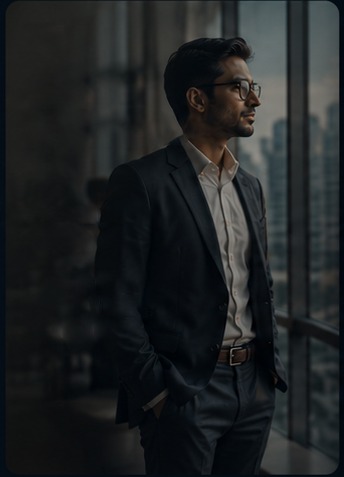 Young professional looking out over a city skyline