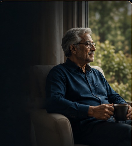 Retiree relaxing at home with a cup of tea