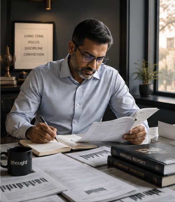 Advisor reviewing investment research at his desk