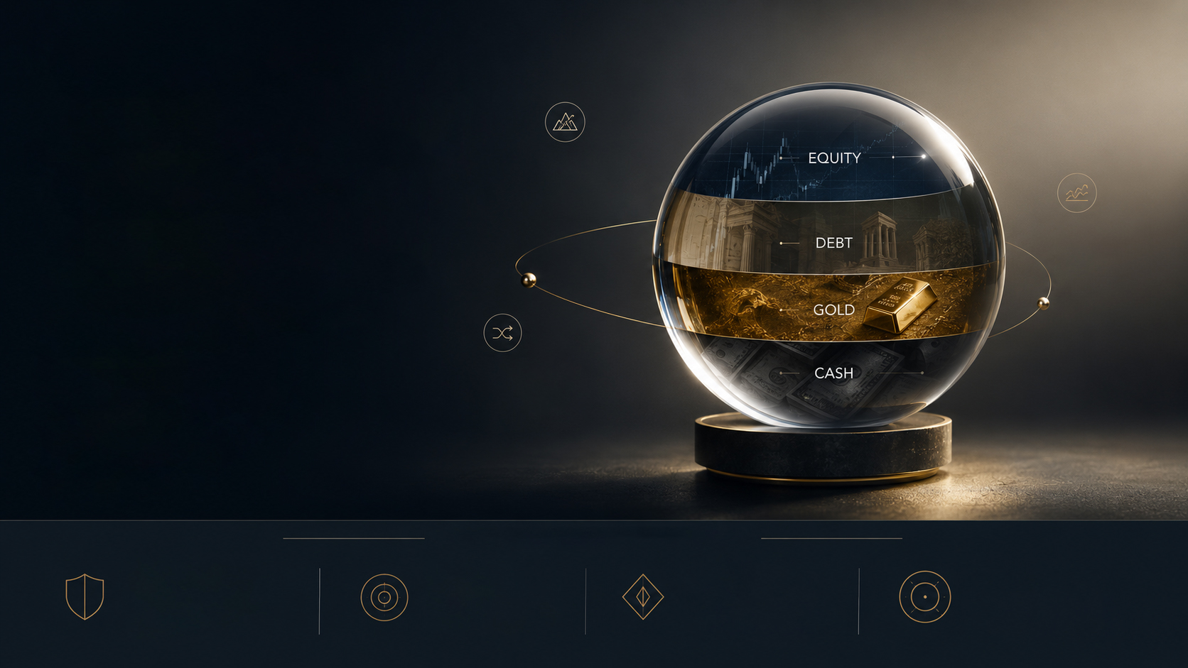 A glass sphere holding equity, debt, gold and cash layers